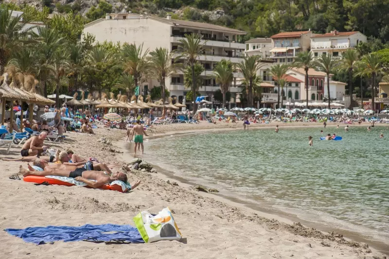 Strand mit Palmen, Hotels und Badegästen an einer Bucht auf Mallorca Strand mit Palmen, Hotels und Badegästen an einer Bucht auf Mallorca