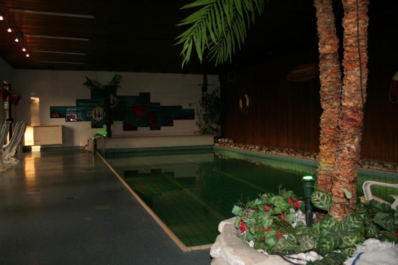 Hallenbad mit Palmen und Ruhebereich